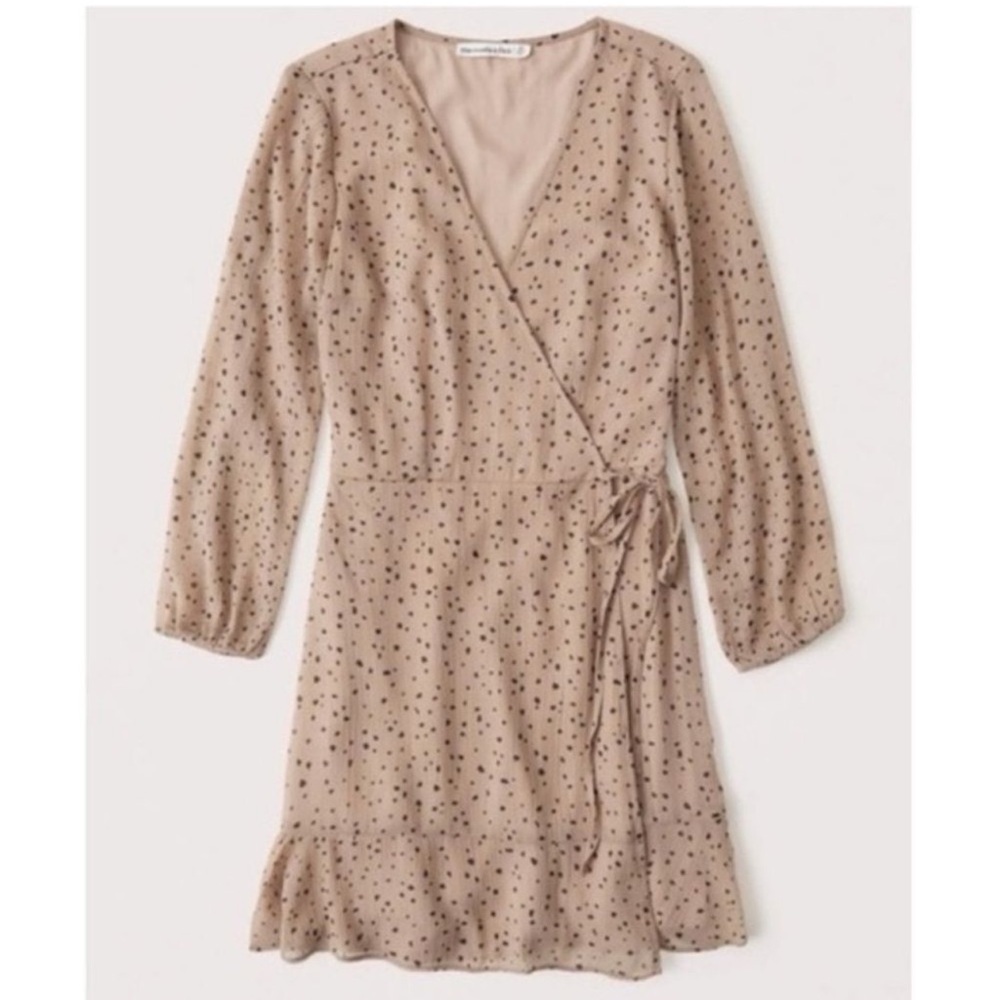 Abercrombie & Fitch taupe black polka dot wrap mini dress long sleeves